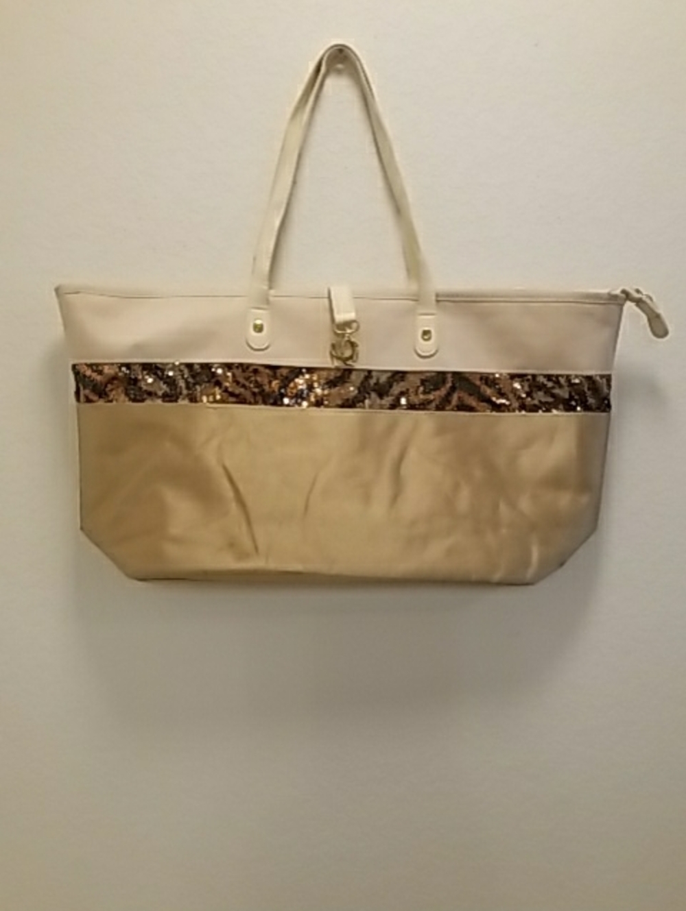 Chic Beige Sequin Trim Tote Bag